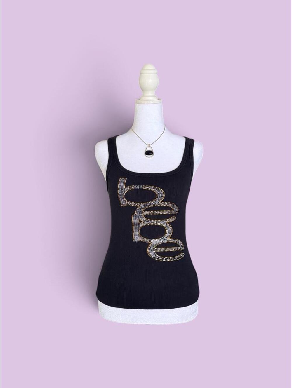 Black BEBE tank top with gold rhinestone #bling #rhinestones #vintage #y2k